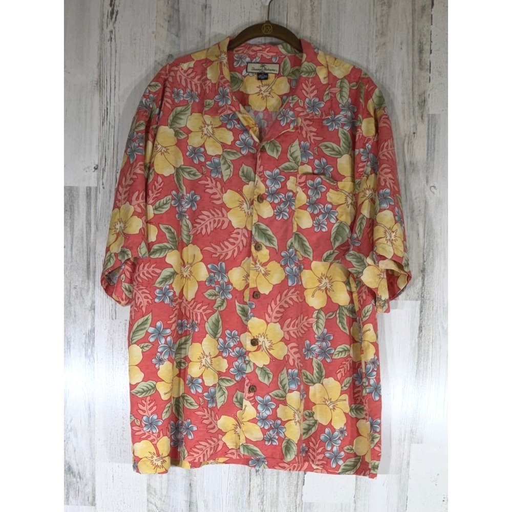 Tommy Bahama Silk Camp Shirt XL Salmon Pink Floral Hibiscus Hawaiian Aloha
